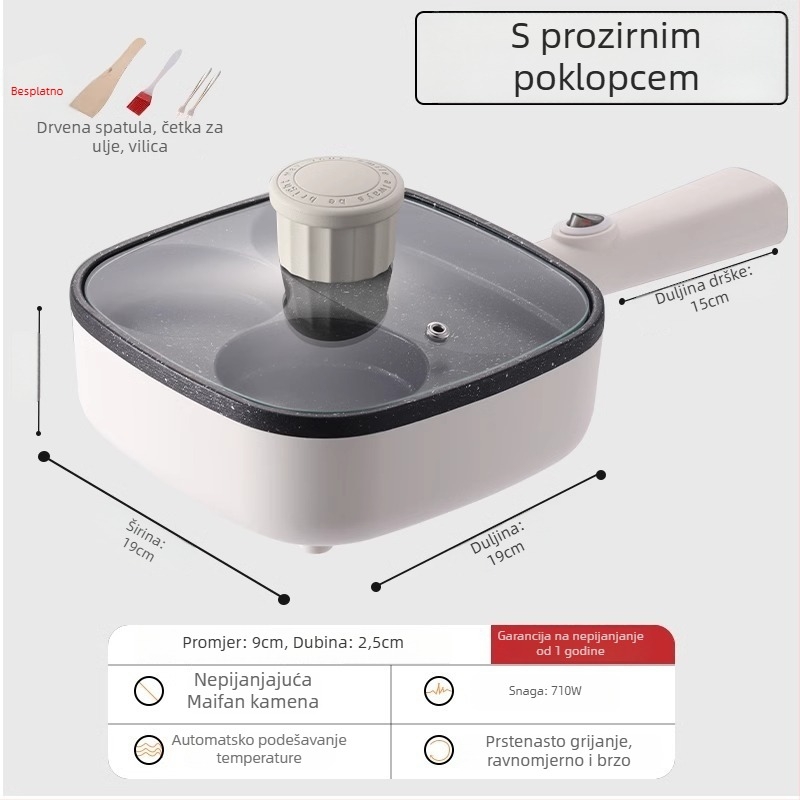 Električna četverootvorna tava za omletu s neprijanjajućim premazom, tijelo od aluminijske legure, 900W, 220V, staklena poklopac
