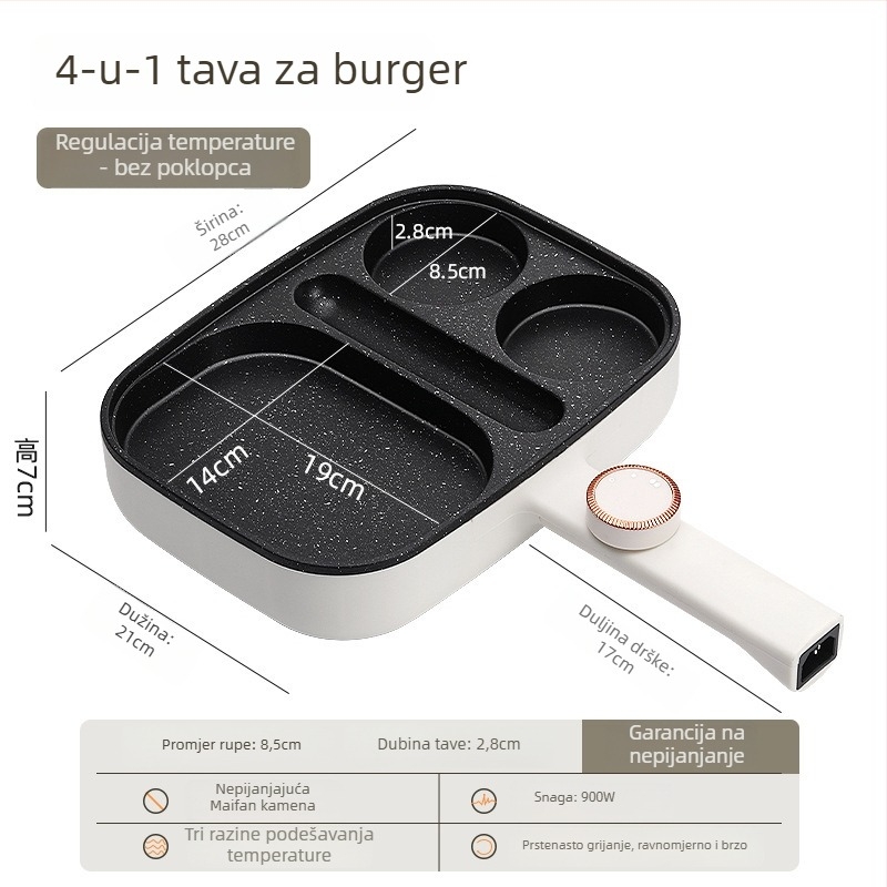 Električna četverootvorna tava za omletu s neprijanjajućim premazom, tijelo od aluminijske legure, 900W, 220V, staklena poklopac