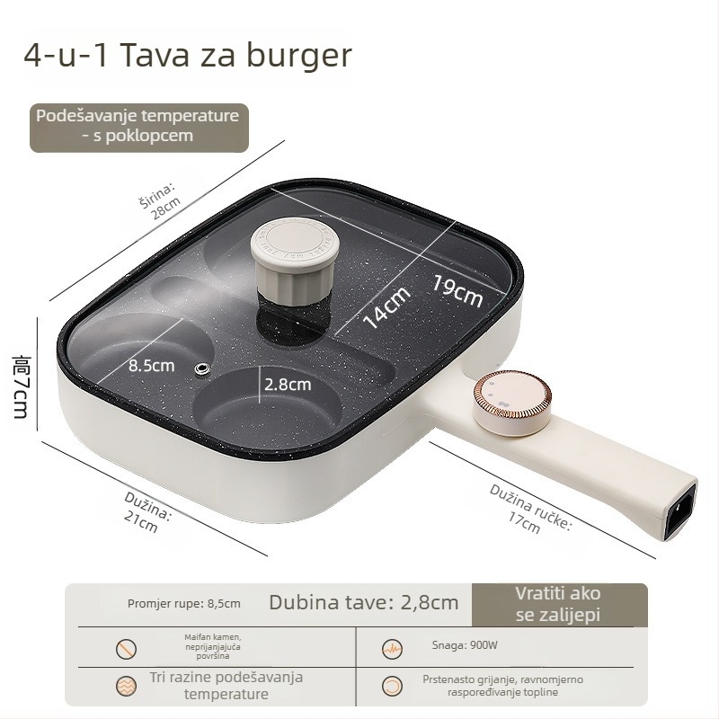 Električna četverootvorna tava za omletu s neprijanjajućim premazom, tijelo od aluminijske legure, 900W, 220V, staklena poklopac