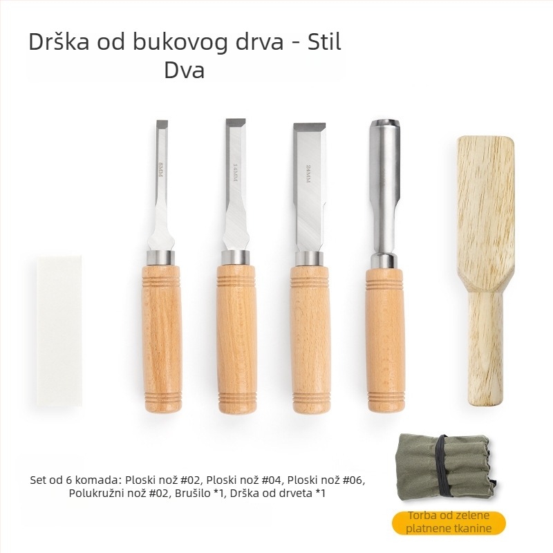 Set dlijeta za drvarstvo s oštrim čelnikom od manganskog čelika, drška od bukovine – ravni i polukružni dlijeti
