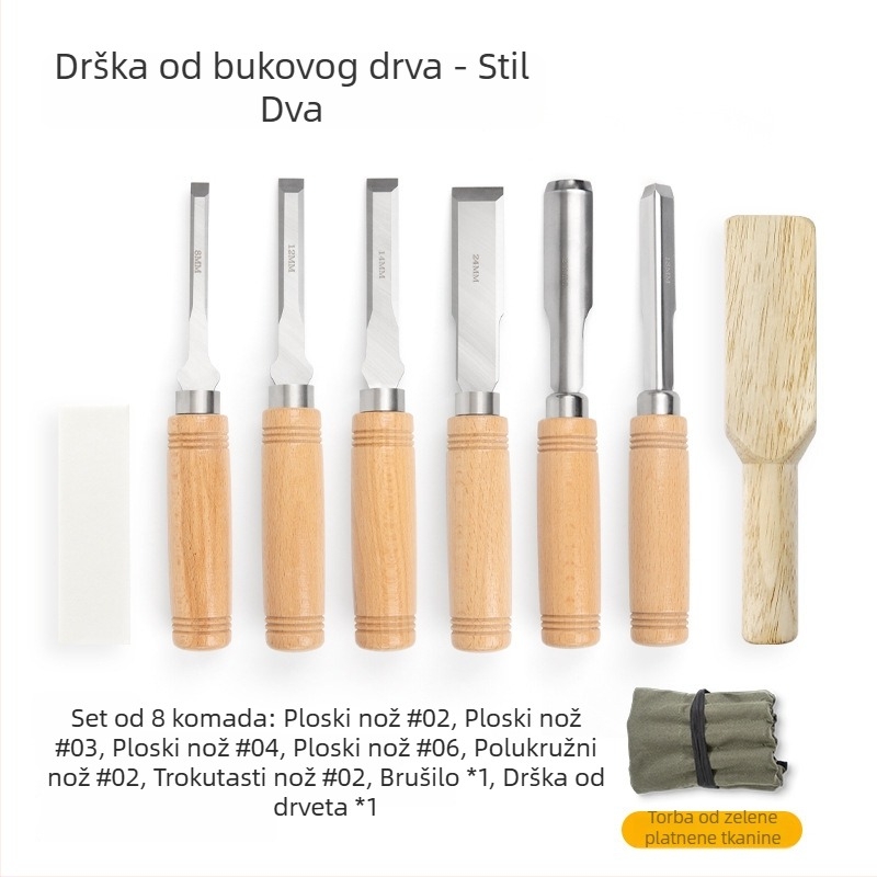 Set dlijeta za drvarstvo s oštrim čelnikom od manganskog čelika, drška od bukovine – ravni i polukružni dlijeti
