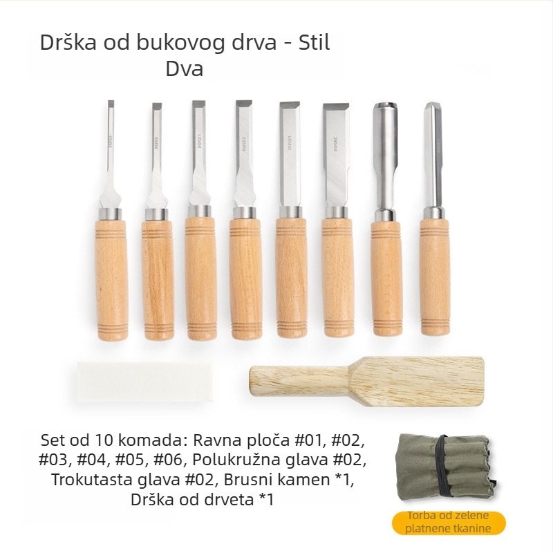 Set dlijeta za drvarstvo s oštrim čelnikom od manganskog čelika, drška od bukovine – ravni i polukružni dlijeti