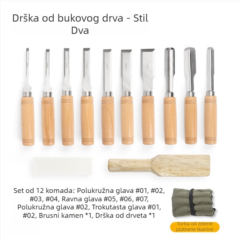 Set dlijeta za drvarstvo s oštrim čelnikom od manganskog čelika, drška od bukovine – ravni i polukružni dlijeti