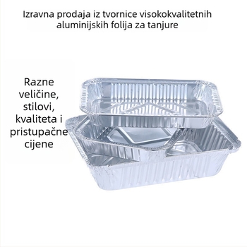 Aluminijska folijska posuda, debela i plitka za roštilj i pečenje, jednokratno pakiranje za dostavu hrane, mogućnost tiskanja logotipa sitotiskom, biološki razgradiva, nije prikladna za mikrovalnu pećnicu
