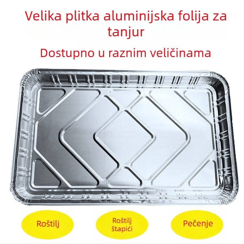 Aluminijska folijska posuda, debela i plitka za roštilj i pečenje, jednokratno pakiranje za dostavu hrane, mogućnost tiskanja logotipa sitotiskom, biološki razgradiva, nije prikladna za mikrovalnu pećnicu