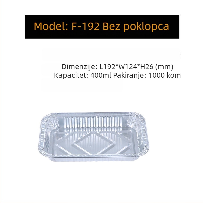 Aluminijska folijska posuda, debela i plitka za roštilj i pečenje, jednokratno pakiranje za dostavu hrane, mogućnost tiskanja logotipa sitotiskom, biološki razgradiva, nije prikladna za mikrovalnu pećnicu