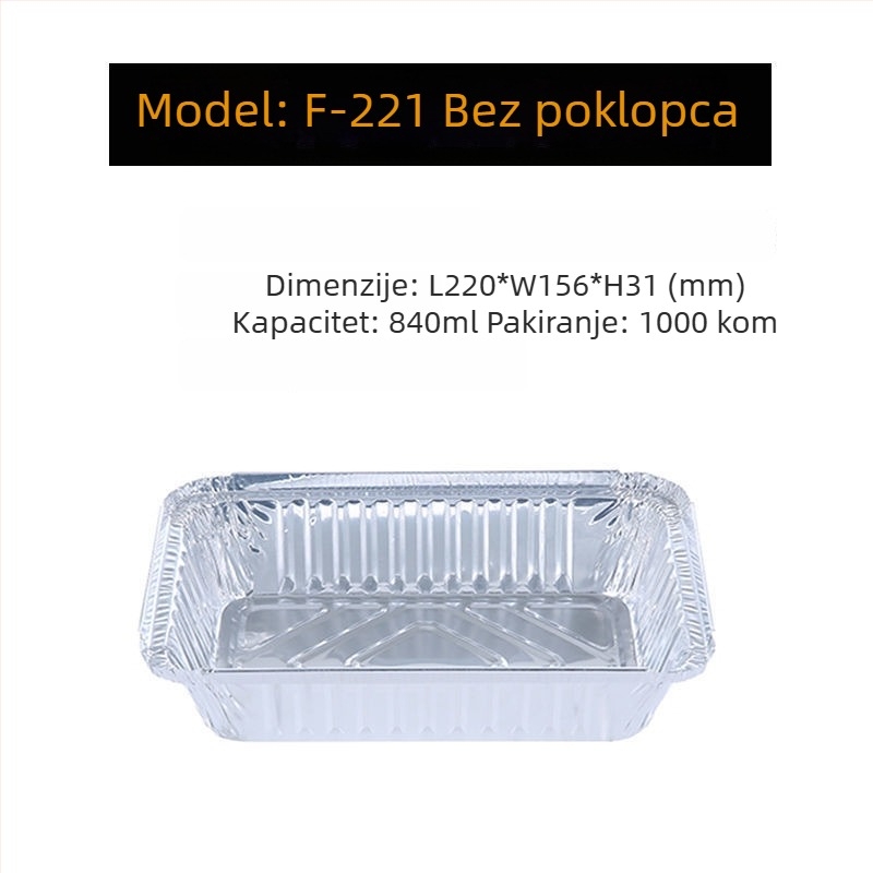 Aluminijska folijska posuda, debela i plitka za roštilj i pečenje, jednokratno pakiranje za dostavu hrane, mogućnost tiskanja logotipa sitotiskom, biološki razgradiva, nije prikladna za mikrovalnu pećnicu