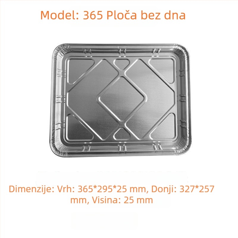 Aluminijska folijska posuda, debela i plitka za roštilj i pečenje, jednokratno pakiranje za dostavu hrane, mogućnost tiskanja logotipa sitotiskom, biološki razgradiva, nije prikladna za mikrovalnu pećnicu