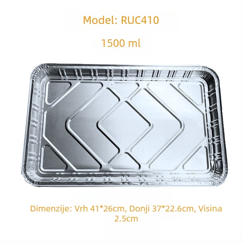 Aluminijska folijska posuda, debela i plitka za roštilj i pečenje, jednokratno pakiranje za dostavu hrane, mogućnost tiskanja logotipa sitotiskom, biološki razgradiva, nije prikladna za mikrovalnu pećnicu