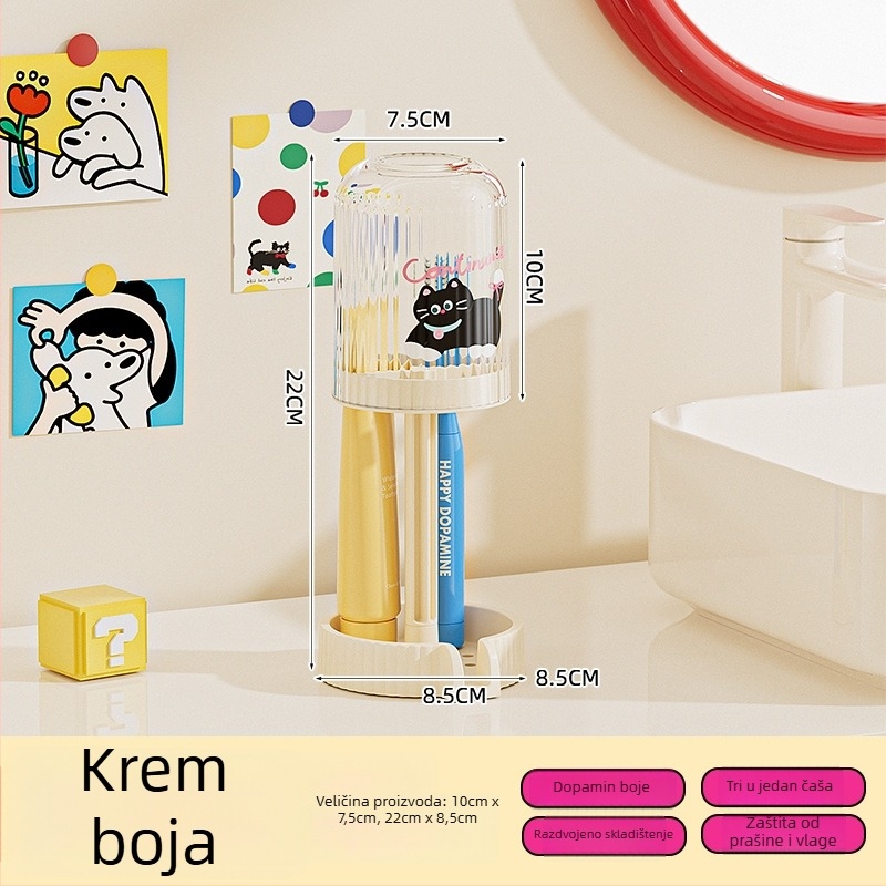 Držač četkica za zube s čašom i skladištenjem paste – bez bušenja; materijal: plastika; funkcije: skladištenje, doziranje paste