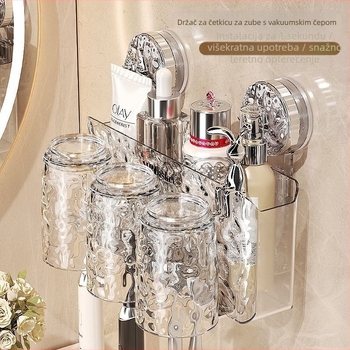 Držač za četkice za kupaonicu s vakuumskim pričvršćivanjem, plastični, zidni, za pohranu četkica i čašice