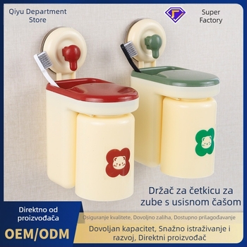 Zidni držač četkice za zube s vakuumskom ventuzom, bez bušenja, s čašom za ispiranje usta – plastični
