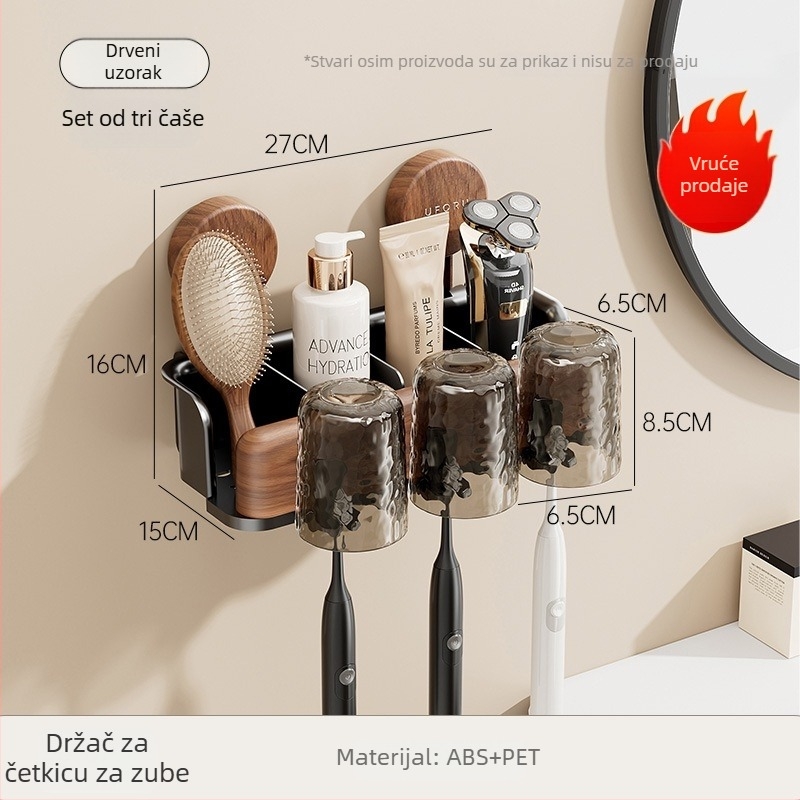 Držač četkica za zube sa usisnom čašom, zidni, bez bušenja, plastični, za četkice i čašicu paste
