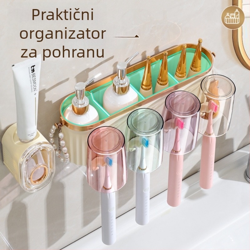 Držač za četkice s 4 pretinca, čašica za ispiranje usta, stlačivač zubne paste, zidni bez bušenja, od plastike