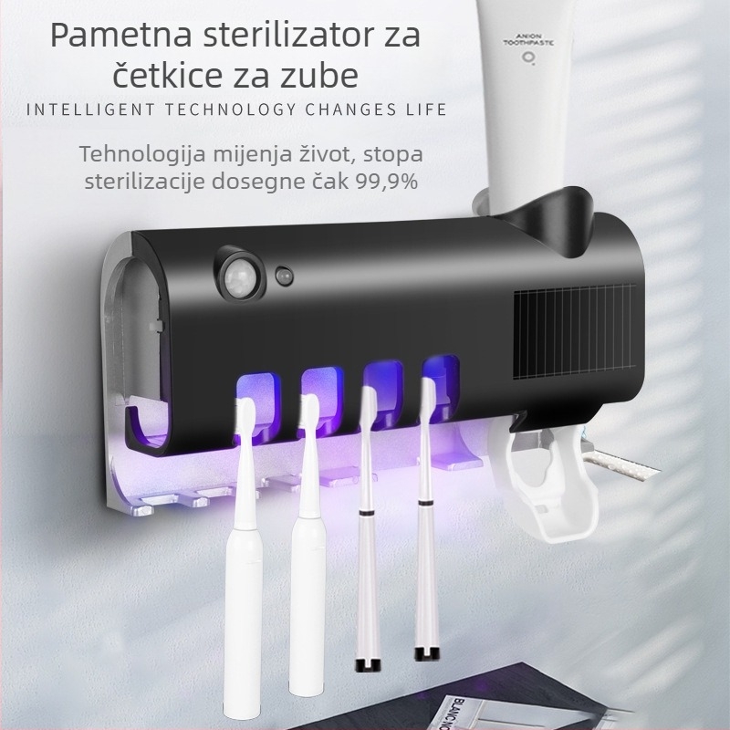 Držač četkica za zube s UV sterilizacijom, 5 pretinaca, usisna montaža, uključuje dozator za pastu