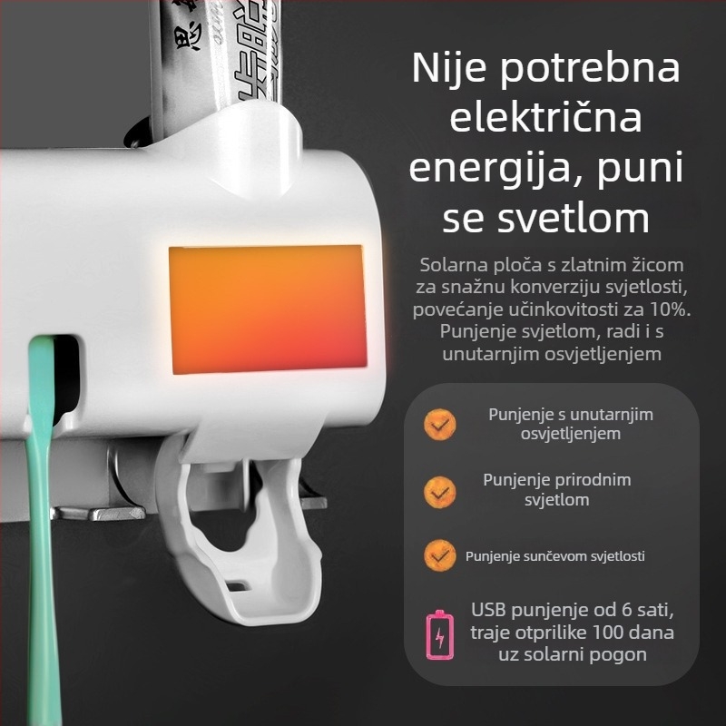Držač četkica za zube s UV sterilizacijom, 5 pretinaca, usisna montaža, uključuje dozator za pastu