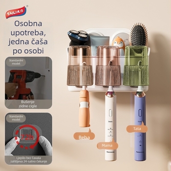 Taili držač za četkice za zube bez bušenja s čašom za ispiranje i čašom za četkicu, zidni kupaonski organizator – set