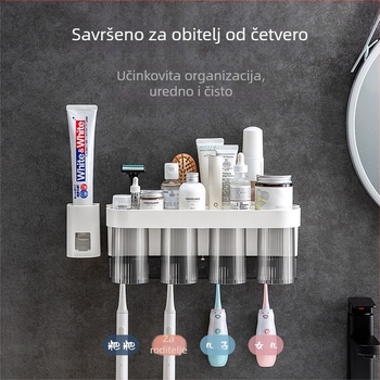 Držač četkica za zube s prostorom za električnu četkicu – zidni, bez bušenja, plastika, čaša za ispiranje usta