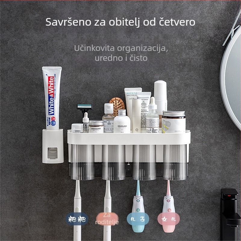 Držač četkica za zube s prostorom za električnu četkicu – zidni, bez bušenja, plastika, čaša za ispiranje usta