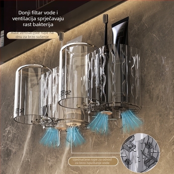 Zidni držač za čašice i četkice, plastični, lagani luksuzni dizajn, bez bušenja, s odvodenim pladnjem