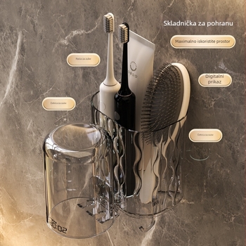 Zidni držač za čašice i četkice, plastični, lagani luksuzni dizajn, bez bušenja, s odvodenim pladnjem