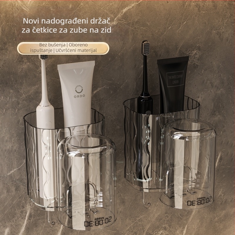 Zidni držač za čašice i četkice, plastični, lagani luksuzni dizajn, bez bušenja, s odvodenim pladnjem