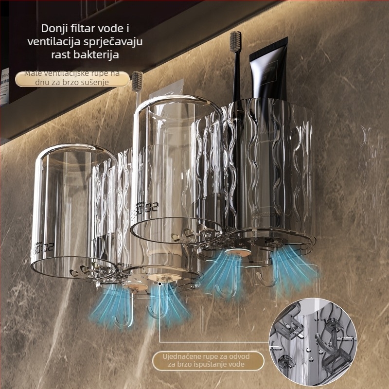 Zidni držač za čašice i četkice, plastični, lagani luksuzni dizajn, bez bušenja, s odvodenim pladnjem