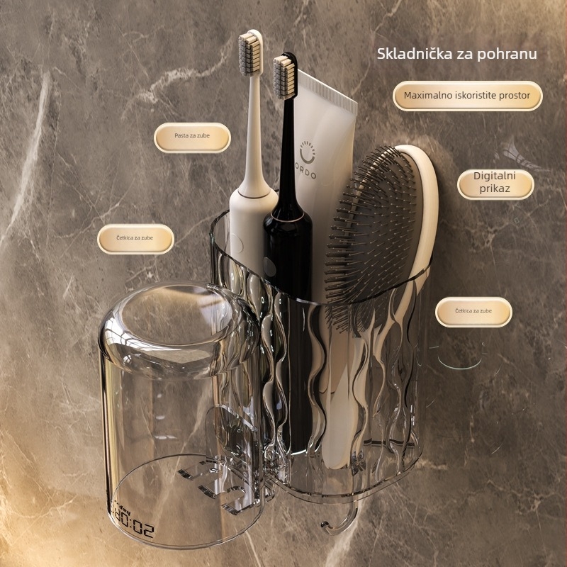 Zidni držač za čašice i četkice, plastični, lagani luksuzni dizajn, bez bušenja, s odvodenim pladnjem