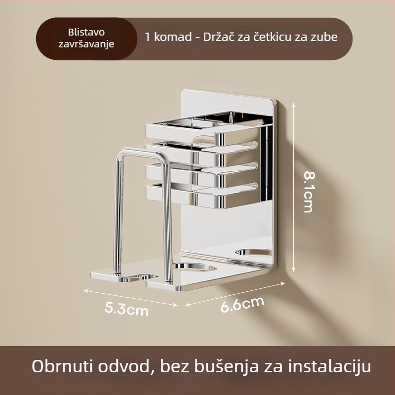 Zidni držač četkice za zube s čašom za ispiranje usta, s usisnom čašicom, metalni
