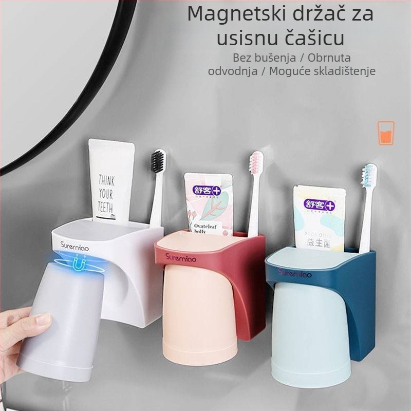 Zidni držač za električnu četkicu s magnetskim držanjem, spremnik za čašu za ispiranje usta i pastu za zube (montaža bez bušenja)