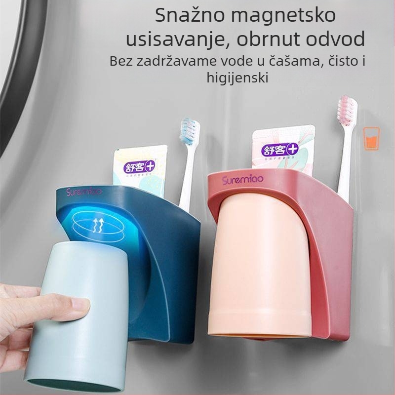 Zidni držač za električnu četkicu s magnetskim držanjem, spremnik za čašu za ispiranje usta i pastu za zube (montaža bez bušenja)