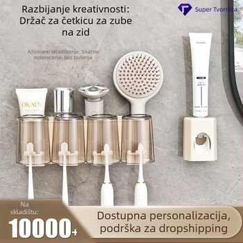 Višenamjenski zidni držač četkice za zube s dozatorom paste i spremnikom za čašicu za ispiranje, bez bušenja, PP materijal, 8 pretinoca