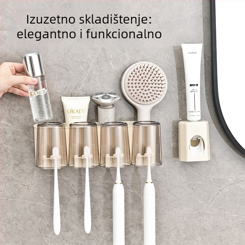 Višenamjenski zidni držač četkice za zube s dozatorom paste i spremnikom za čašicu za ispiranje, bez bušenja, PP materijal, 8 pretinoca