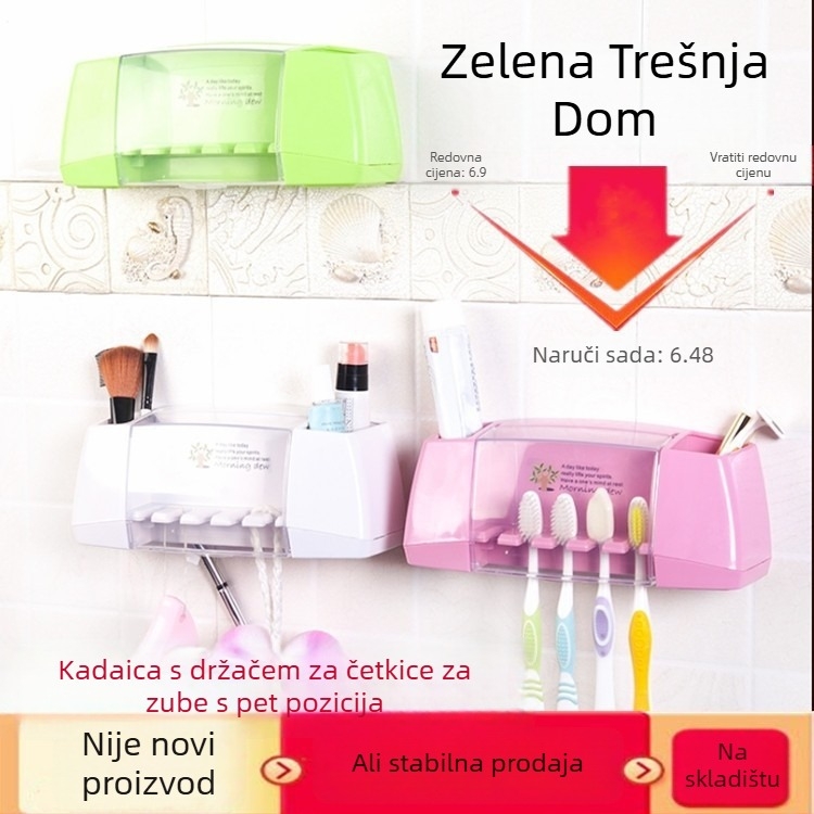 Meijia držač četkica za zube - ABS materijal, zidni držač sa usisnom čašom, petpozicijski okvir za pohranu, zaštitna kapica protiv prašine, dvostruka kutija za pohranu