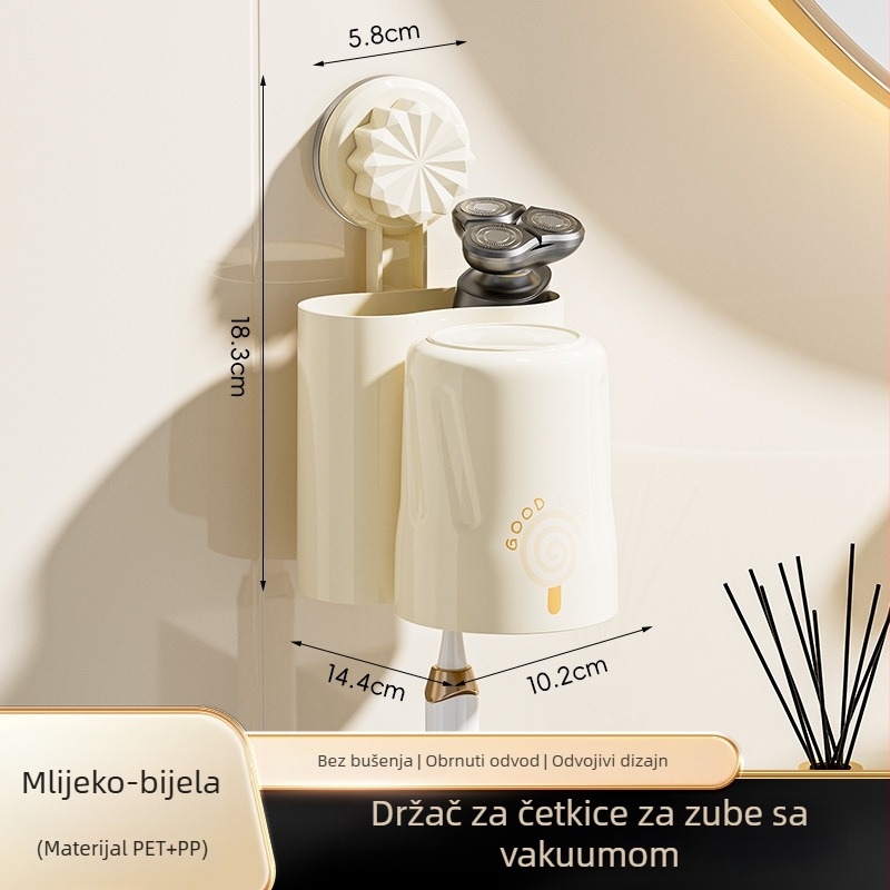 Držač za četkice za zube s vakuumskom čašom, zidni bez bušenja, uključuje čašu za ispiranje usta, kupaonica skladište