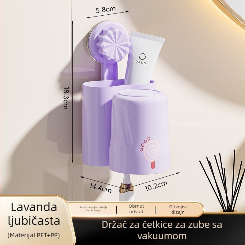 Držač za četkice za zube s vakuumskom čašom, zidni bez bušenja, uključuje čašu za ispiranje usta, kupaonica skladište