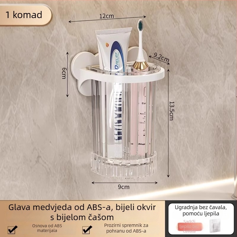 Držač četkica za zube, zidni držač, bez bušenja, plastični, s odvodom i spremnikom za pohranu