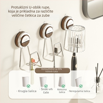Zidni držač za električnu četkicu za zube s usisnom čašom, metalna konstrukcija, kompatibilan s čašom za ispiranje usta