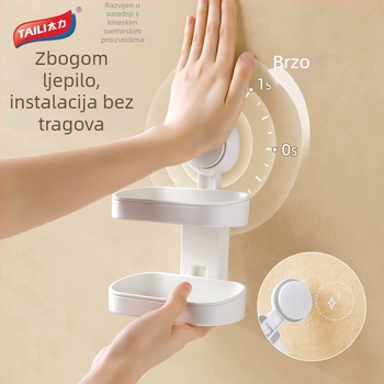 Zidni držač sapuna s usisnim čašama, dvostruka etaža, ABS, bez odvodnje, bez bušenja