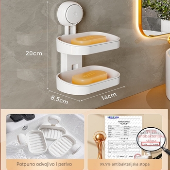 Zidni držač sapuna s usisnim čašama, dvostruka etaža, ABS, bez odvodnje, bez bušenja