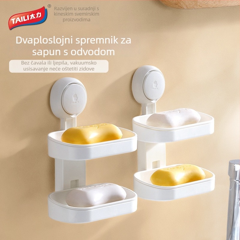 Zidni držač sapuna s usisnim čašama, dvostruka etaža, ABS, bez odvodnje, bez bušenja