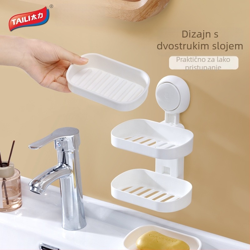 Zidni držač sapuna s usisnim čašama, dvostruka etaža, ABS, bez odvodnje, bez bušenja