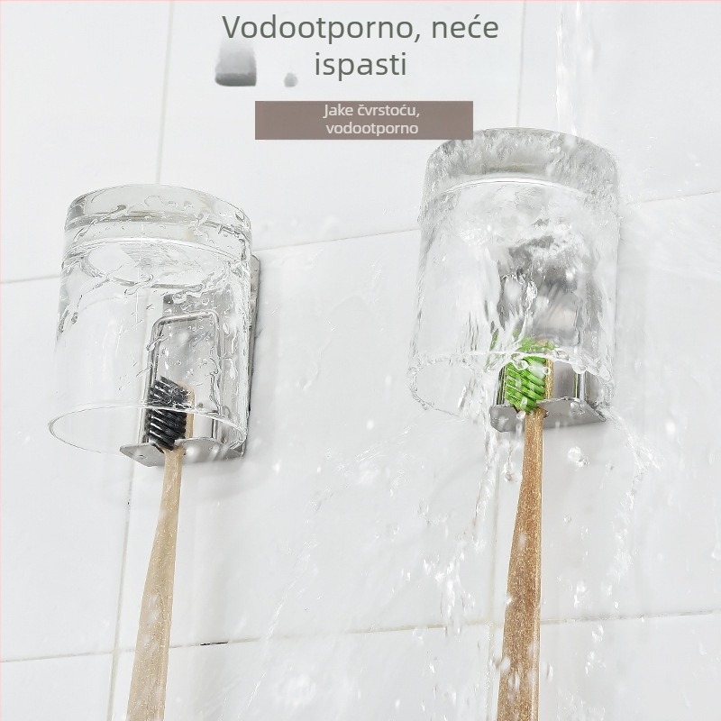 Stalak za četkice za zube na zid s držačem za čašu za ispiranje usta, od nehrđajućeg čelika 304, bez bušenja, držač za električne četkice