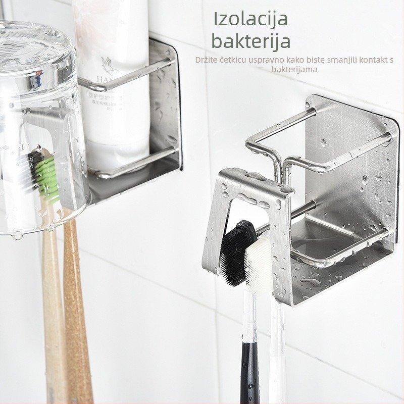 Stalak za četkice za zube na zid s držačem za čašu za ispiranje usta, od nehrđajućeg čelika 304, bez bušenja, držač za električne četkice
