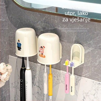 Zidni držač četkica za zube, bez bušenja, plastičan, s držačem za čašu za ispiranje usta