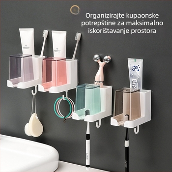 Morning držač za četkice za zube na zid, set čaša za ispiranje, plastični, montaža bez bušenja