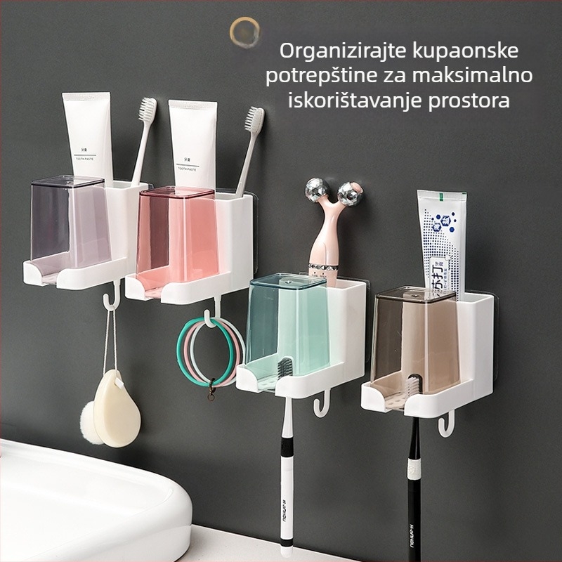 Morning držač za četkice za zube na zid, set čaša za ispiranje, plastični, montaža bez bušenja
