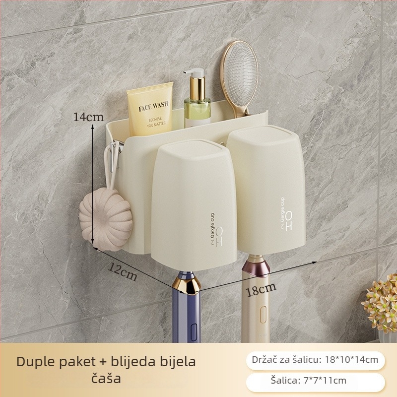 Zidni držač četkice za zube sa usisnim držačem, plastični materijal, uključuje spremnik za pastu i čašice za ispiranje, mogućnost prilagođenog logotipa