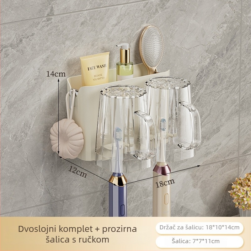 Zidni držač četkice za zube sa usisnim držačem, plastični materijal, uključuje spremnik za pastu i čašice za ispiranje, mogućnost prilagođenog logotipa