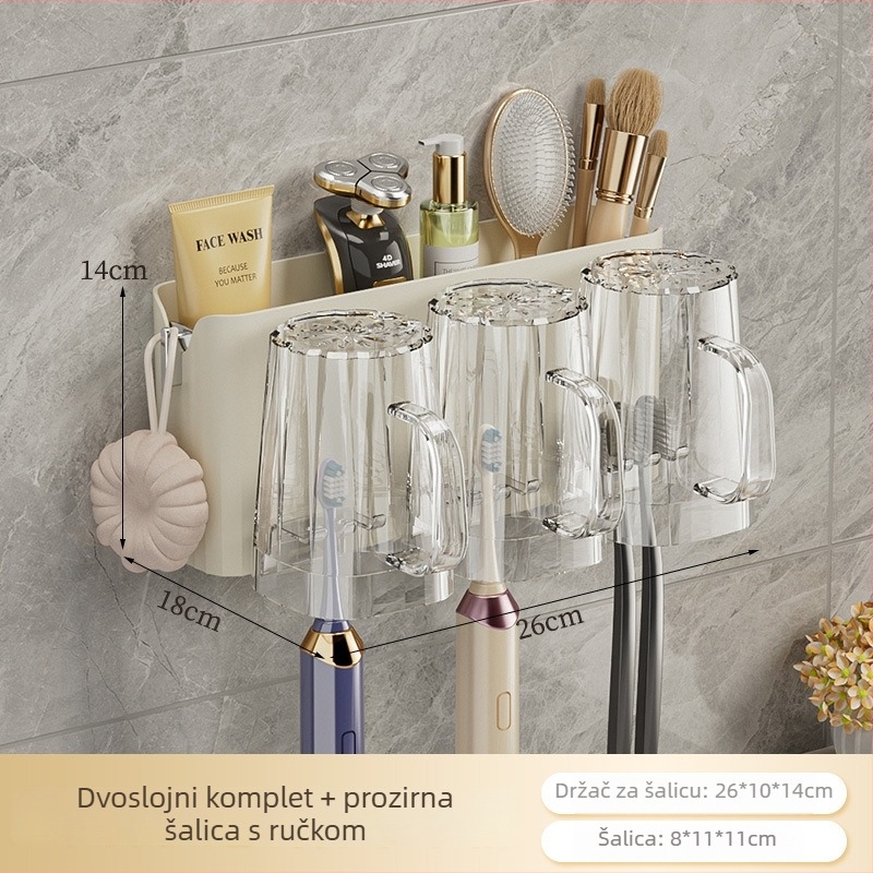 Zidni držač četkice za zube sa usisnim držačem, plastični materijal, uključuje spremnik za pastu i čašice za ispiranje, mogućnost prilagođenog logotipa